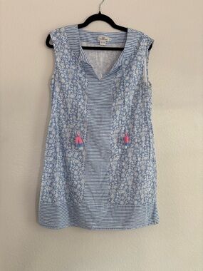 Vineyard Vines Size S Otomi Border Blue & White Tassel Tunic Dress 100% Cotton